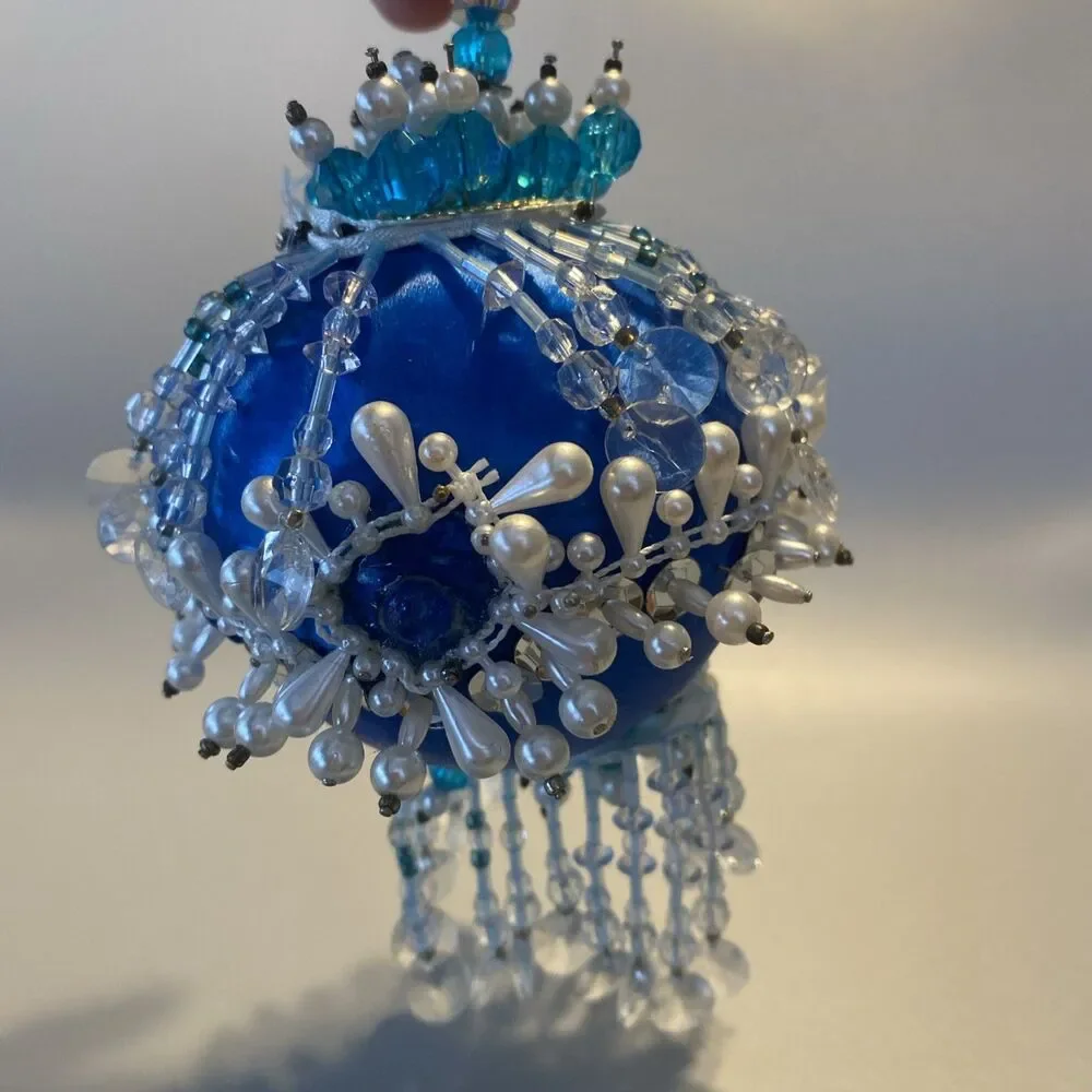Vintage Christmas Blue White Beaded Push Pin Ornate Ball Ornament Large Handmade